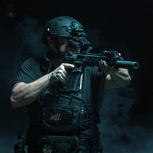 an operator wearing uanvb fc manticore nightvision aims a rifle
