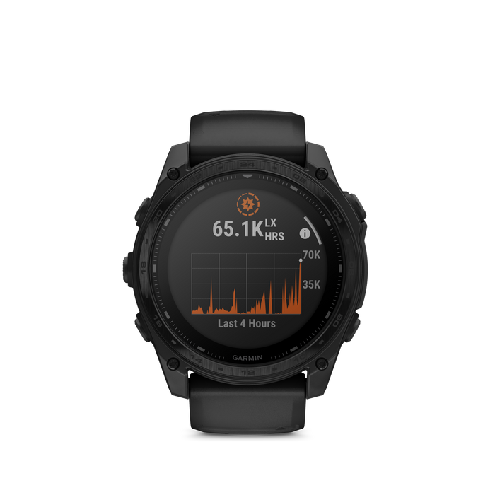 A direct front view of the tactix 8 Solar AB Elite showcasing the solar intensity glance on its 1.4-inch sunlight-visible memory-in-pixel display. This professional tactical watch features a rugged titanium bezel and solar-charging Power Sapphire lens, which together provide up to 48 days of battery life for extended mission operations.