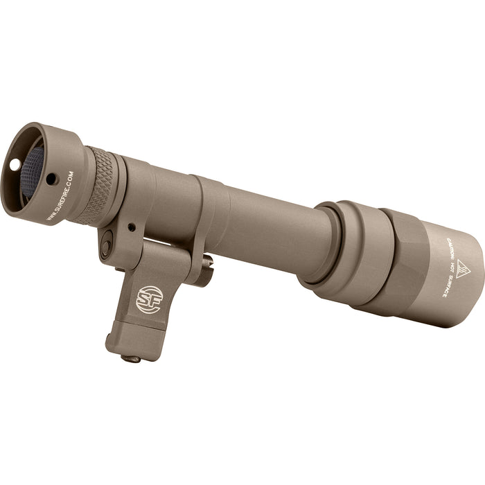 A rear isometric view from the left of the tan M640T-TN-PRO, showing the tailcap section that powers the light using versatile SureFire Dual Fuel technology for battery flexibility.