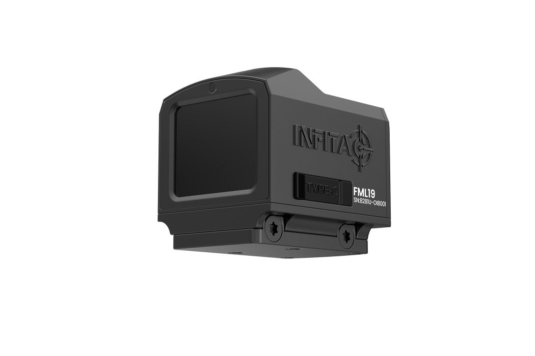 A rear side angled bottom view of the Thermal Pistol Sights Fast Mini FML19 highlights the integrated mounting footprint in the foreground, showcasing how the unit securely attaches to standard tactical rails.