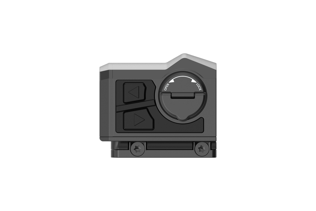 A side left profile of the Thermal Pistol Sights Fast Mini FML19 showcases the silent control buttons and adjustment areas for elevation and windage, clearly visible in the foreground of the waterproof aluminum body.