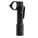 An image of the Thyrm Switchback 2.0 pocket clip in the color black, attached to a black Modlite handheld 18650 flashlight, where the product is situated in the middle and is standing on the flashlight's light head.