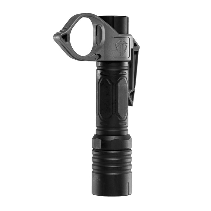 An image of the Thyrm Switchback 2.0 pocket clip in the color urban gray, attached to the black modlite handheld 18650 flashlight, with the product centered and standing on the flashlight's light head.
