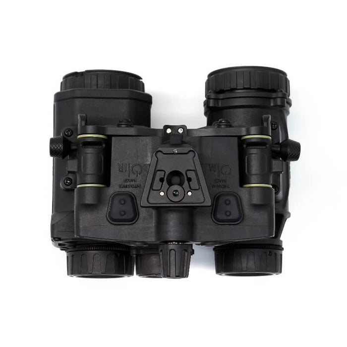 Top view of the binocular night vision device, showing the bridge assembly, mounting interface, adjustment controls, and the symmetrical dual optical housings.