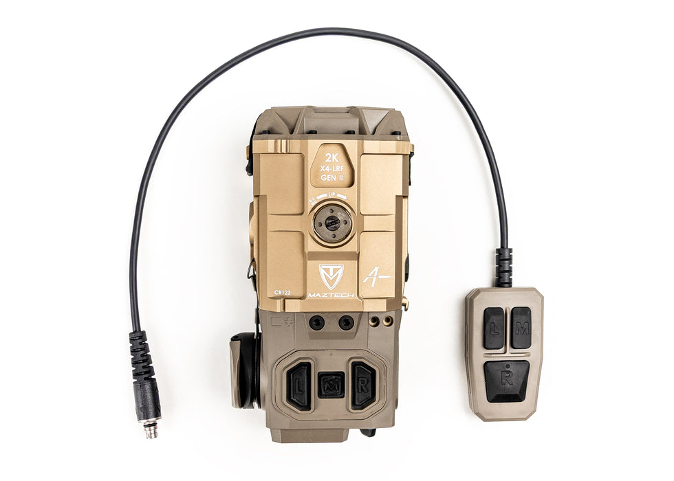 A top-down perspective of the X4 LRF Gen 2 unit alongside its dedicated X4 remote, prominently displaying the Maztech and Applied Ballistics logos next to the Gen 2 designation engraved on the top housing