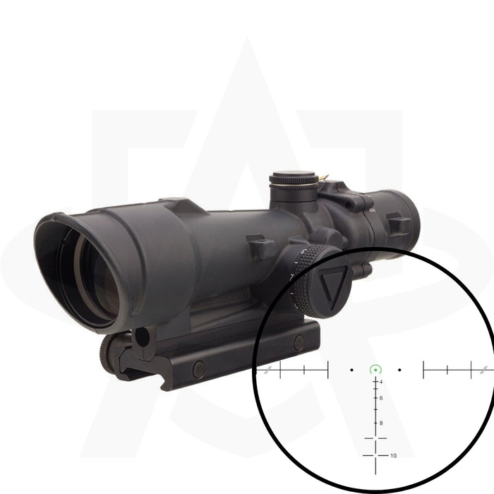 A first-person view looking through the Trijicon ACOG 3.5x35 LED Illuminated Riflescope displaying the bright green horseshoe dot reticle designed for rapid target acquisition and precise bullet drop compensation.