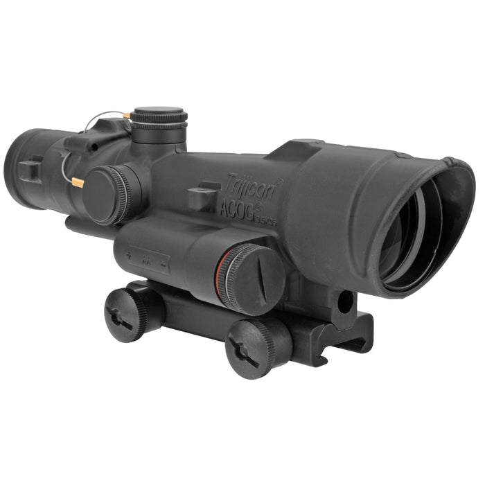 A left-angled isometric view of the Trijicon ACOG 3.5x35 LED Illuminated Riflescope, showcasing the sleek profile of the forged 7075-T6 aluminum body and the forward-positioned AA battery compartment.