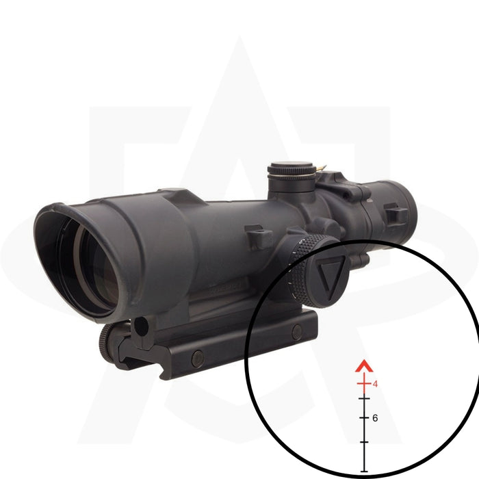 An angled profile shot of the Trijicon ACOG 3.5x35 LED Riflescope featuring the TA110-C-100491 red chevron reticle and the heavy-duty TA51 thumbscrew mount for secure rail attachment.