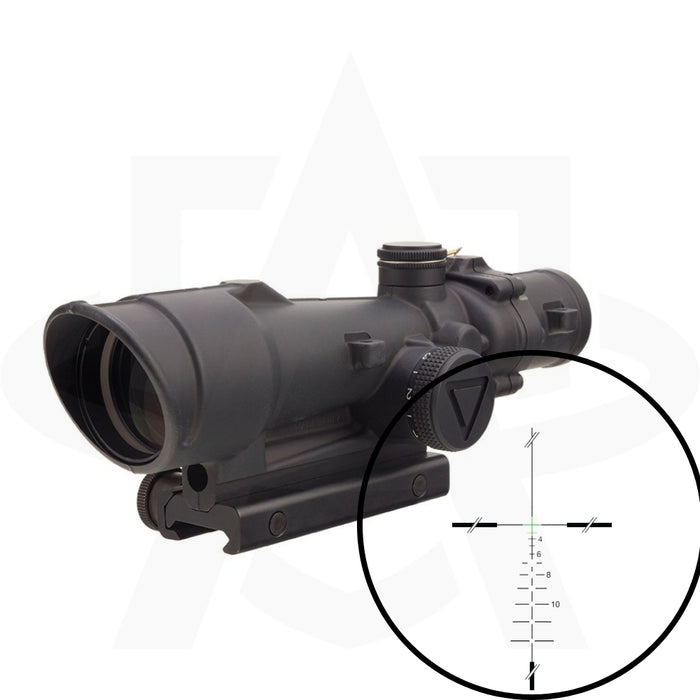 A high-precision look through the Trijicon ACOG 3.5x35 LED Scope showcasing the green crosshair reticle with a .308 / 7.62 BDC pattern, perfectly suited for long-range accuracy and mounted with the robust thumbscrew system.