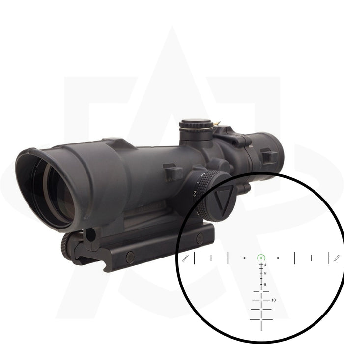A clear perspective through the Trijicon ACOG 3.5x35 LED Sight calibrated for 7.62 NATO, featuring the green horseshoe dot reticle for rapid target centering and a secure thumbscrew mount for heavy recoil management.