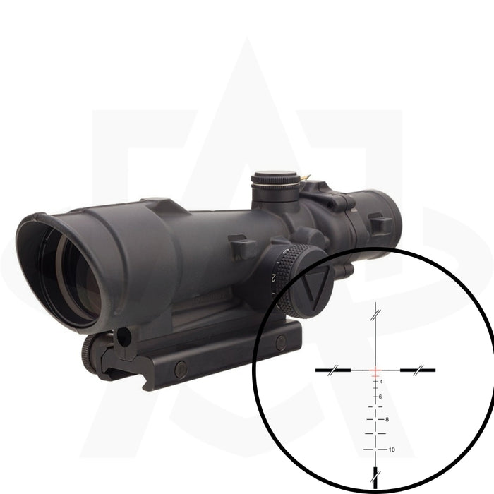 A high-clarity view through the Trijicon ACOG 3.5x35 LED Tactical Scope showcasing the traditional red crosshair reticle with built-in 5.56 BDC stadia lines for precise aiming at extended distances.