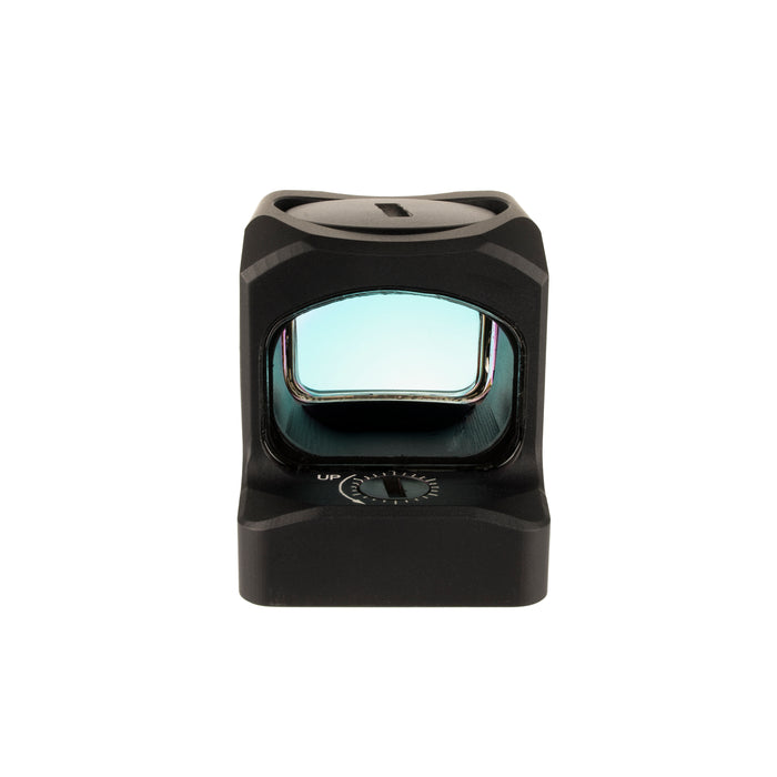 an image showing the back view of the red dot sight item against a pure white background and showcases the window of the sight and a a crisp, perfectly centered, red aiming reticle, depicted as a fine circle with crosshairs and a central 1 MOA dot.