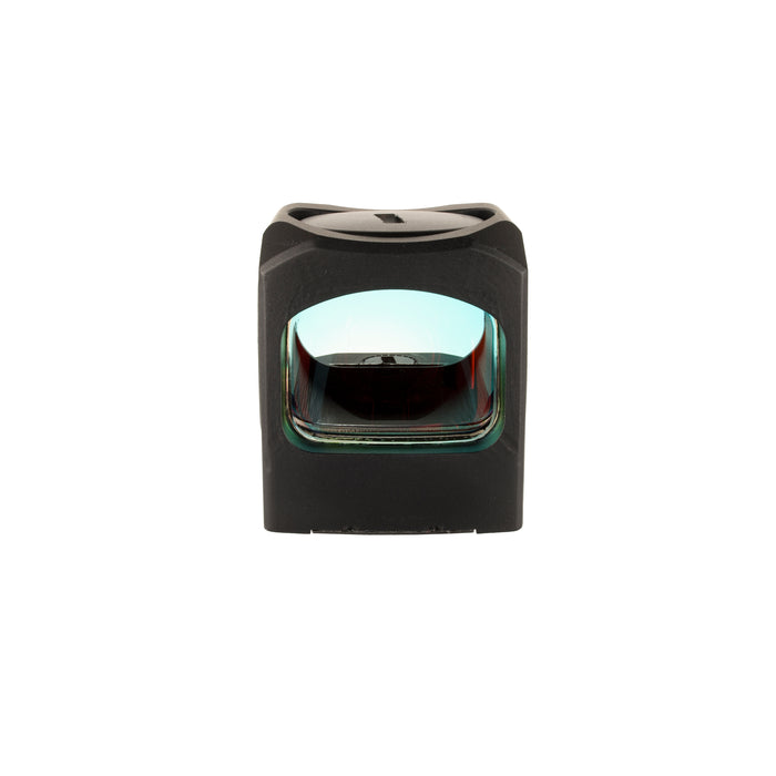 an image showing the front view of the red dot sight item against a pure white background and showcases the window of the sight and a a crisp, perfectly centered, red aiming reticle, depicted as a fine circle with crosshairs and a central 1 MOA dot
