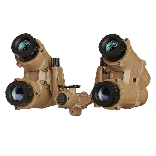 A frontal isometric view of the tan uapnvg chimera mounted on a helmet, showing the individual pods stowed in a rearward position to maximize the operator's head clearance.