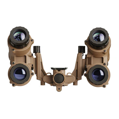 A direct frontal view of the uapnvg in a tactical tan finish, showing the device in its stowed configuration with the waterproof battery cap clearly visible on the front of the bridge.