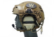 A side profile view showing the black unity mark 2 securely mounting a single-lead ranger green Ops-Core AMP headset to the accessory rails of a coyote brown Team Wendy EXFIL bump helmet, providing a reliable and low-profile attachment solution.