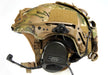 A close-up view of the black unity mark system mounted on a Multicam Team Wendy EXFIL ballistic helmet, showing the secure connection to a Liberator II headset to provide a low-profile, high-performance ear cup seal.