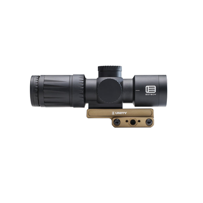 A right-side profile shot of the Unity Tactical FAST Kickr Mount for Vudu securing an EOTECH scope, displaying the 1.54-inch centerline height and lightweight aerospace aluminum construction.