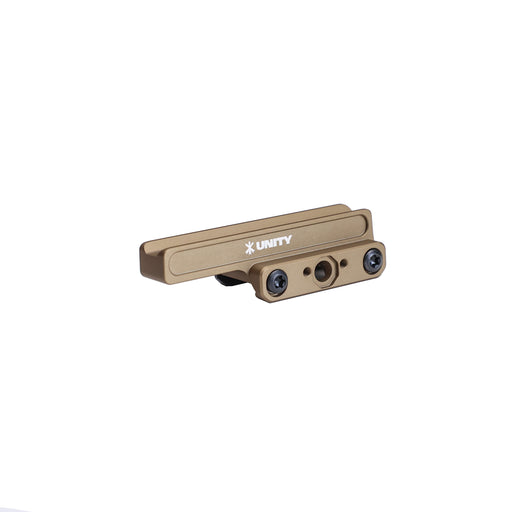 An isometric view showing the right side of the Unity Tactical FAST Kickr mount in Flat Dark Earth, displaying the secure rail clamps and the elevated 1.54-inch profile designed for comfortable heads-up shooting.