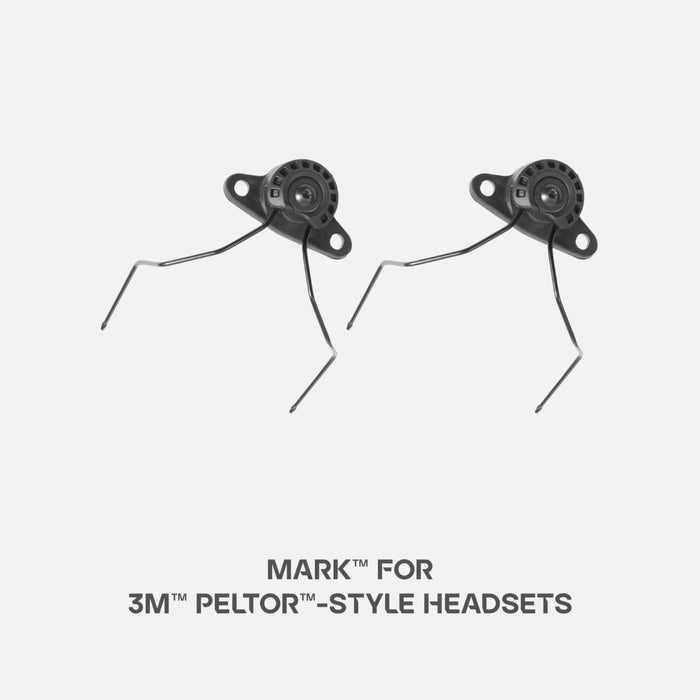 A close-up view of the black unity tactical mark designed for Peltor-style headsets, featuring high-impact polymer construction and a specialized wire form that provides a lower profile and a more secure ear cup seal than traditional mounts.