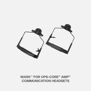 A high-detail frontal view of the black unity tactical mark kit for Ops-Core AMP headsets, displaying the unattached polymer mounting bodies and specialized wire forms used for low-profile helmet integration.