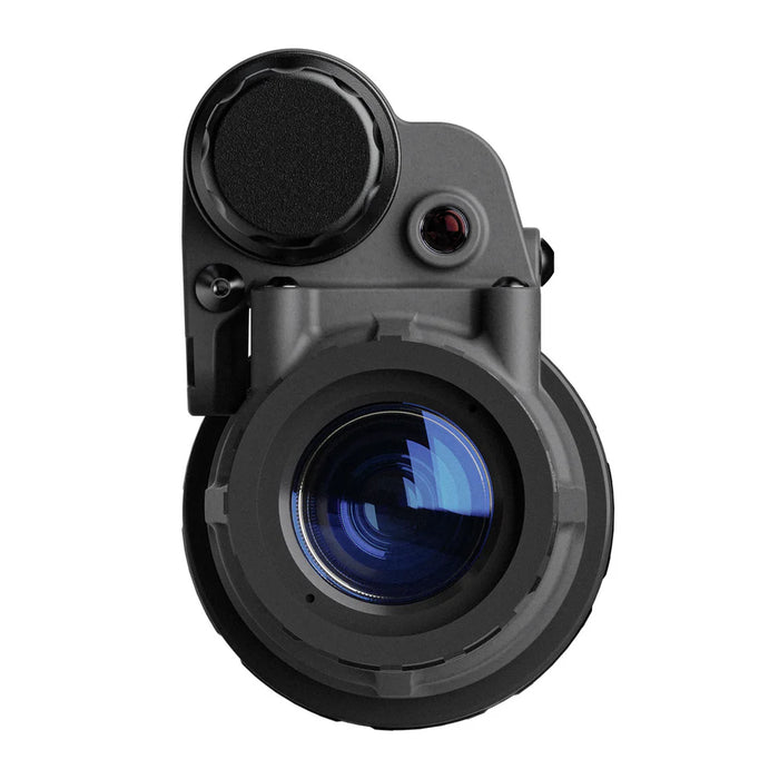 A high-resolution front-facing image of the UNVM Talon Night Vision Monocular showcasing the objective lens, the adjustable diopter ring for custom focus, and the rugged, weather-sealed battery compartment and integrated IR illuminator.