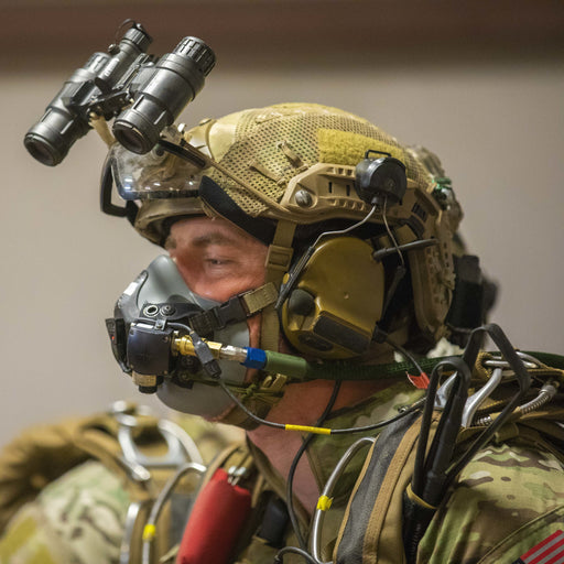 U.S. Army photo by Spc. Christopher Stevenson showing an operator wearing an Ops-Core FAST SF helmet with Night Vision Goggles and a HEL-STAR Lead Jumper Light.