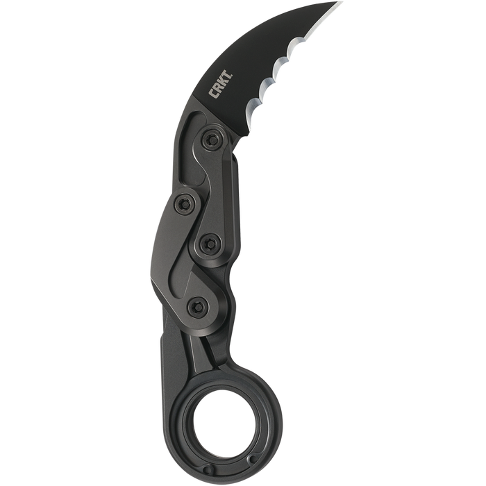 A black serrated CRKT provoke karambit deployed