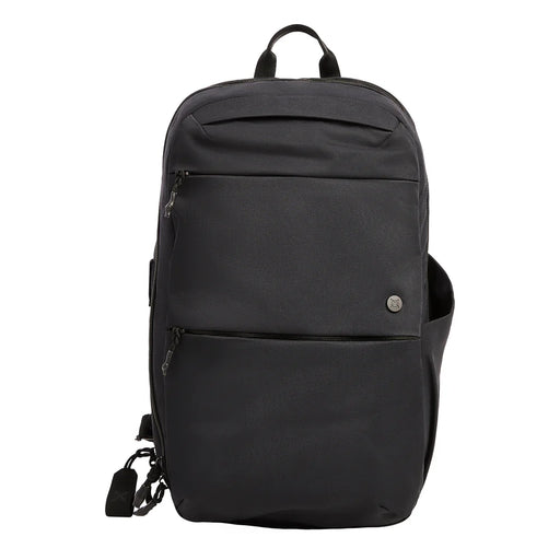 A clean frontal view of the Vertx Any Day Pack in solid black, showcasing its sleek urban profile, durable nylon construction, and two large front zippered pockets that blend into the bag for a low-profile look.
