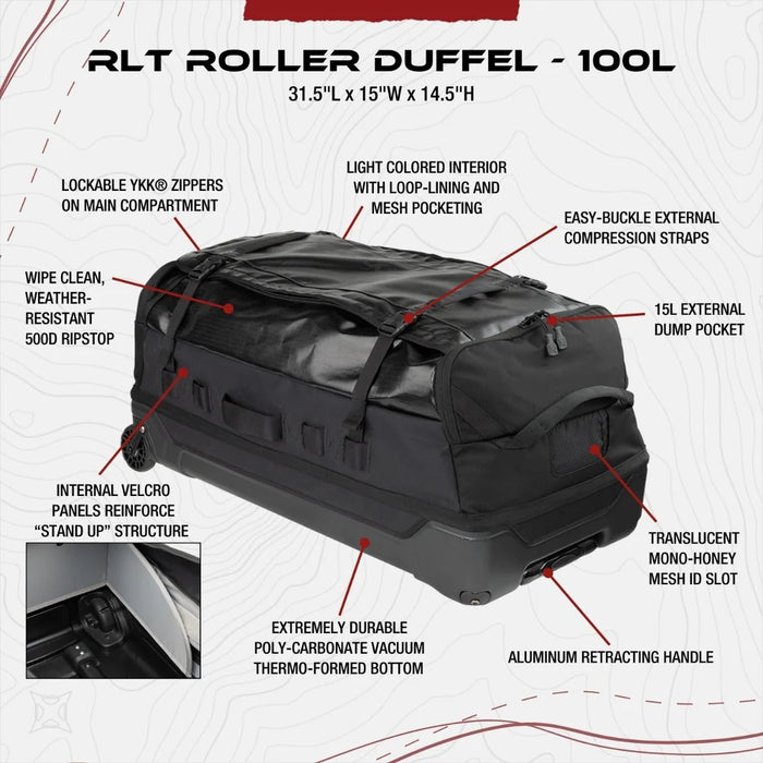 A detailed infographic labels the various high-performance components of the Vertx RLT 100L Duffel Bag Roller, illustrating the shock-absorbent 84mm wheels, the aluminum handle mounted outside the bottom pan, and the water-resistant ripstop shell.