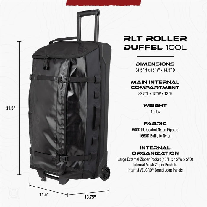 This technical infographic for the Vertx RLT 100L Roller Duffel Bag shows its outer dimensions of 32.5"H x 15"W x 13"D and its 100-liter capacity. The image also highlights the 10-pound weight and the durable 1000D and 500D PU-coated nylon ripstop fabric used in its construction.