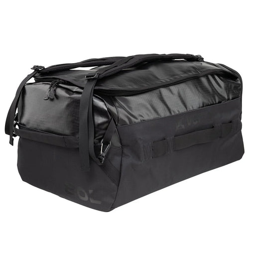 This right-angled side view of the black Vertx RLT 80L Duffel showcases the rugged water-resistant shell, the subtle brand logo, and the large expandable side pouch in the foreground that offers extra storage for quick-access items.