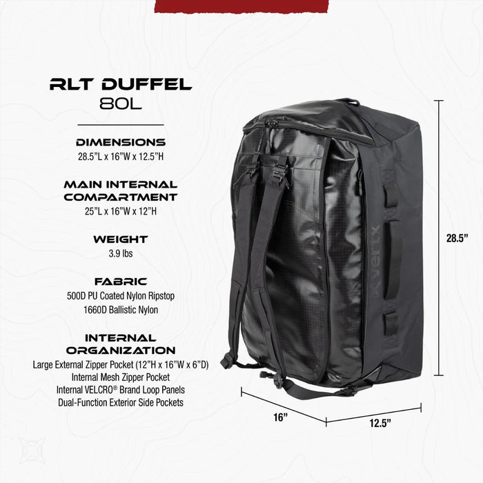A detailed technical infographic of the Vertx RLT 80L Duffel displays its 80-liter capacity and 3.9 lb dry weight, while highlighting key specifications such as the 25" H x 16" W x 12" D outer dimensions and the water-resistant PU-coated ripstop construction.