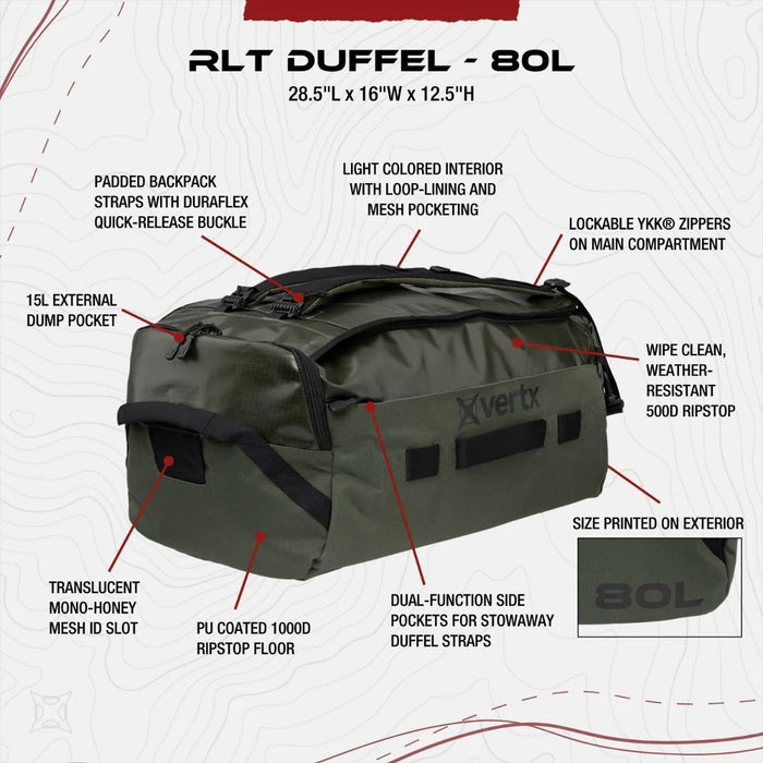 This detailed infographic of the Vertx RLT 80L highlights its key technical features, including the massive 80-liter main compartment, the water-resistant ripstop shell, and the convertible padded backpack straps designed for heavy mission loadouts.