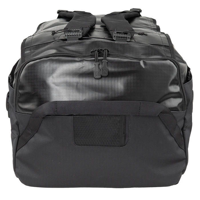This frontal view focuses on the expandable side pouch of the Vertx RLT 80L Roller Duffel, showing how the high-capacity pocket provides an additional 15 liters of storage for separating boots or wet gear from the main compartment.