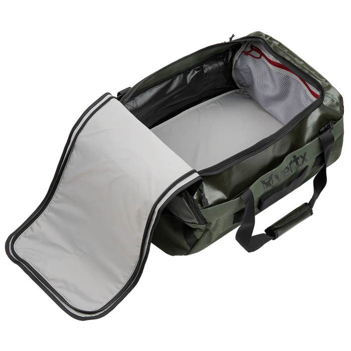 A side-top view of the black Vertx RLT 80L shows the main compartment fully opened to reveal its massive 80-liter storage space, lined with high-visibility loop panels that allow for complete Tactigami organization and easy gear identification.