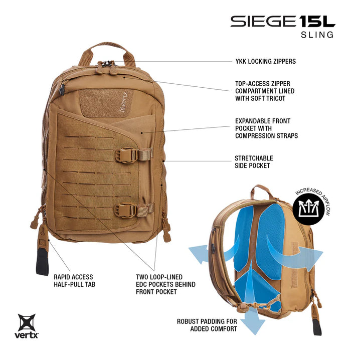 Infographic of the Vertx Siege 15L in Coyote, detailing the different compartments and key operational benefits.