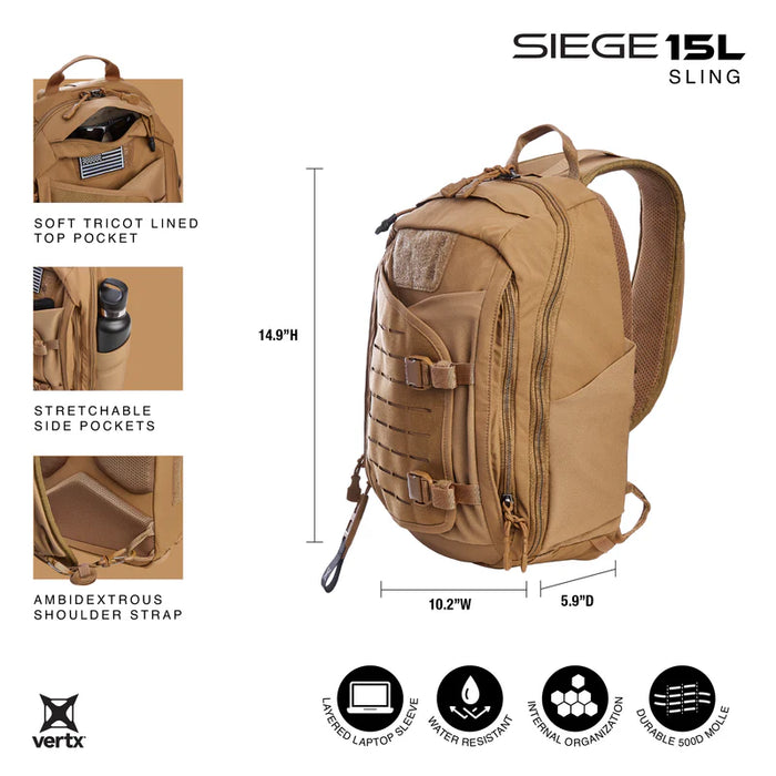 Infographic of the Vertx Siege 15L in Coyote displaying bag dimensions, the ambidextrous shoulder strap, and key components.