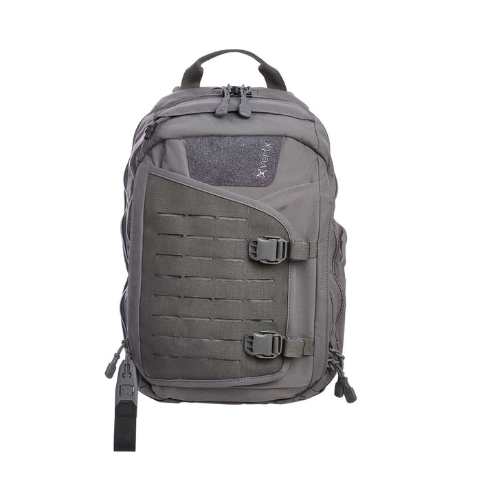 Frontal view of the Vertx Siege 15L Sling Bag in Wolf Grey, with the expandable front pocket in the foreground.
