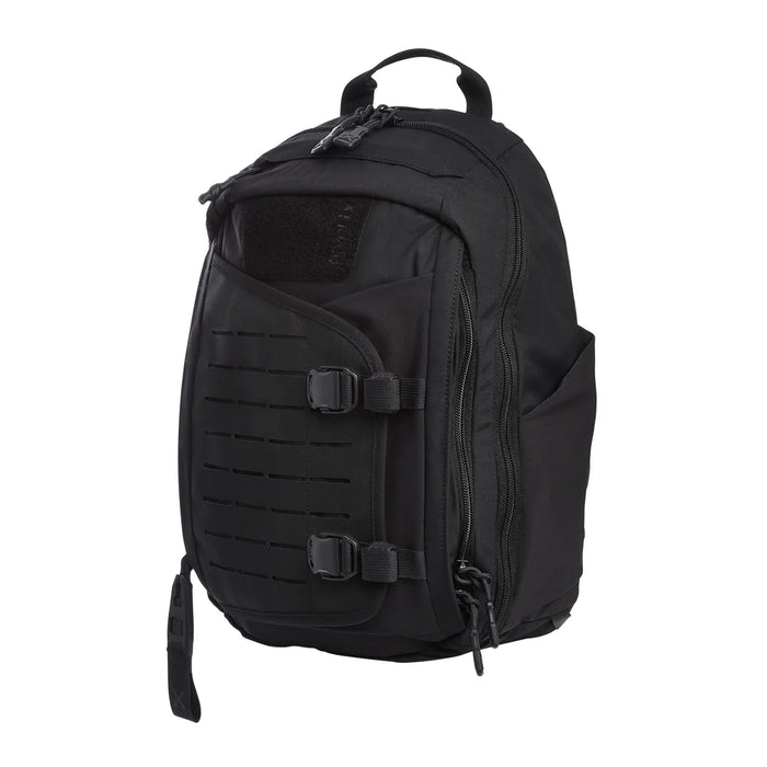 Side view of the Vertx Siege 15L Sling in Black, featuring the zipper pulls and extended exterior pouch in the forefront.