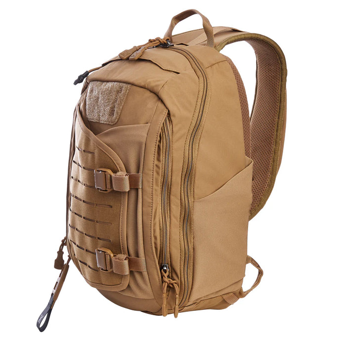 Side view of the Vertx Siege 15L Sling in Coyote, displaying the zipper pulls and extended exterior pouch in the forefront.