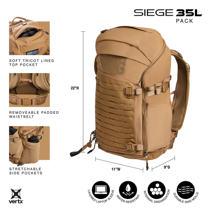 Infographic displaying the dimensions and features of the Vertx Siege 35L Military Pack in Coyote, highlighting its 22-inch height, multiple storage pockets, and removable waist belt.