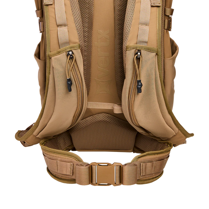 Rear frontal view of the Vertx Siege 35L Military Pack highlighting the shoulder straps, sternum strap, and waistbelt in the foreground, with breathable mesh visible on the back panel for increased airflow.