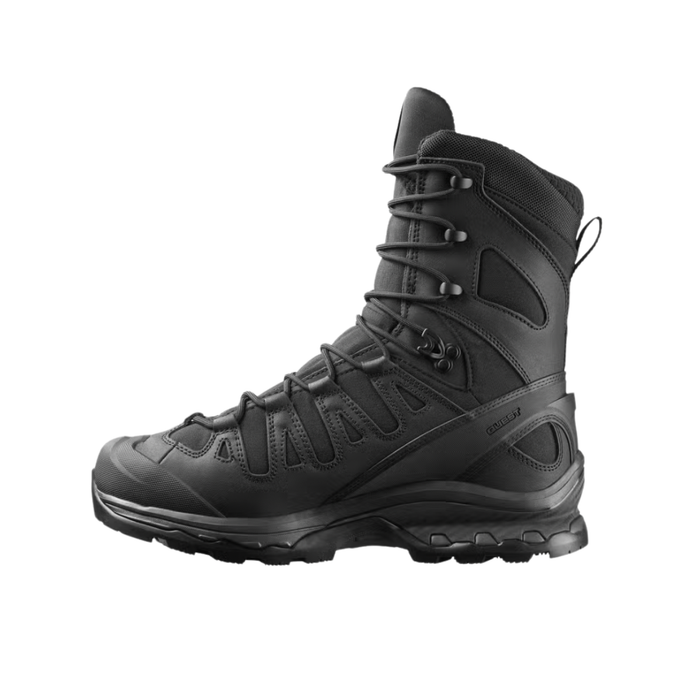 This side profile of a rugged black tactical boot highlights the waterproof work boots' durable PU-coated leather upper and the advanced Contagrip outsole designed for stable movement in snowy urban environments.