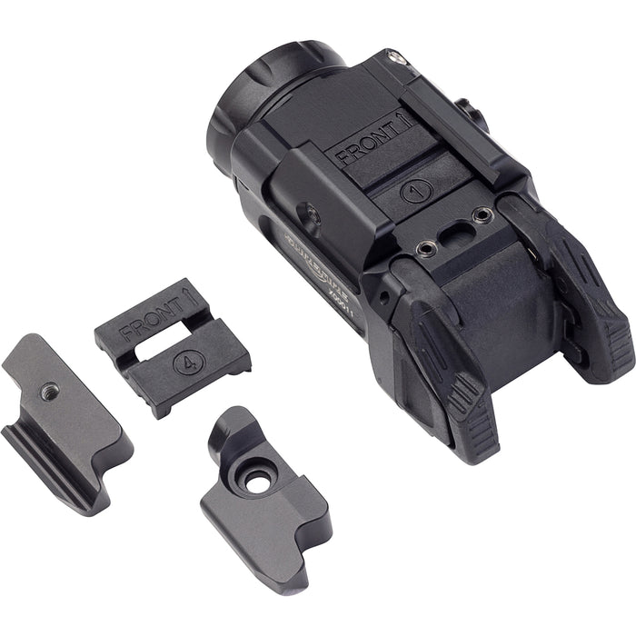 A detailed parts shot of the XC3-SUB-A kit, showcasing the main light unit alongside its specialized rail adapters, the SFRCR123 rechargeable battery, and the high-speed USB-C charging cable.